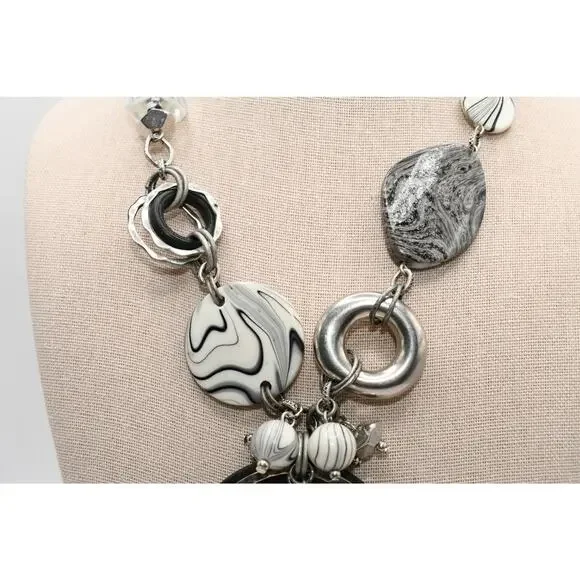 Chico's Statement Necklace Black White Lucite Wood Ring Silver Tone - Picture 4 of 11